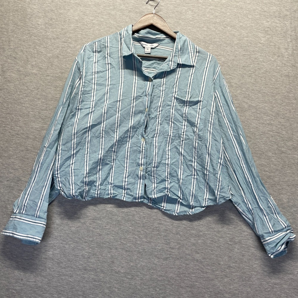 Old Navy The Cropped Shirt Women XL Blue White Vertical Striped Cotton Button Up